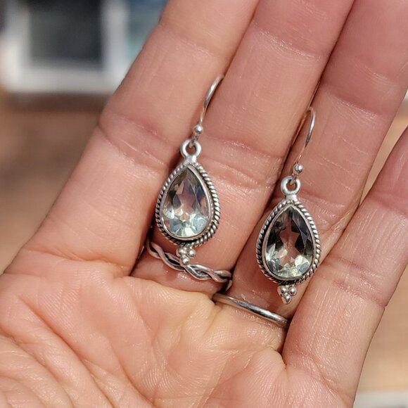 Prasiolite teardrop 925 sterling silver dangle earrings - Picture 5 of 16